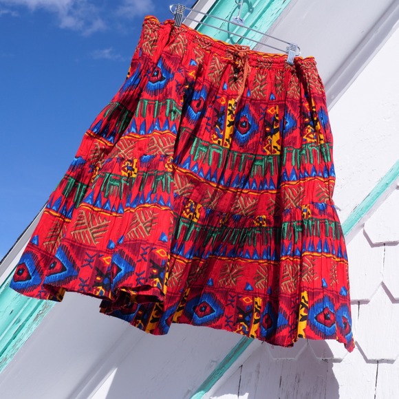 Vintage Dresses & Skirts - 90s southwest‎ print crinkle pleated cotton western skirt